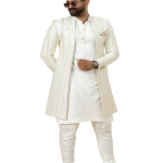 Alluring Pastel Thread Embroidered Off-White Open Sherwani with Kurta Pajama Set | Father Son Combo | Jaipurio Collection